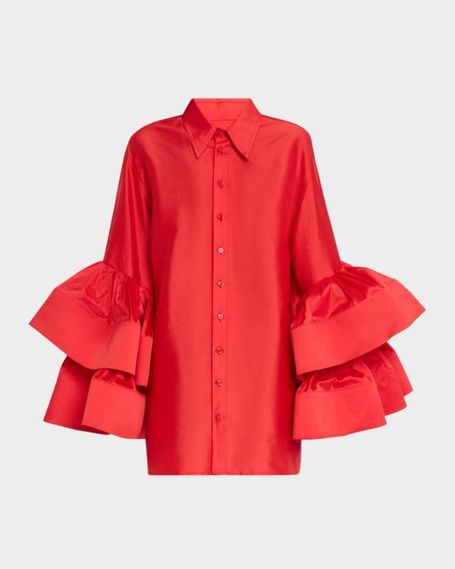 Jumbo Ruffle-Sleeve Silk Mini Shirtdress